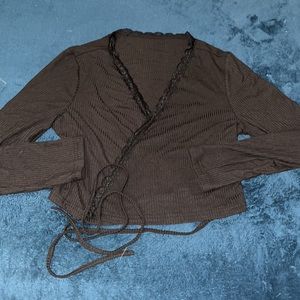 SHEIN Ribbed Wrap Front Lace Trim Long Sleeve Crop Top Size Large